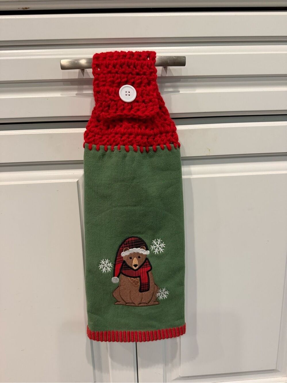 Crochet Top Kitchen Towel- Christmas bear with scarf